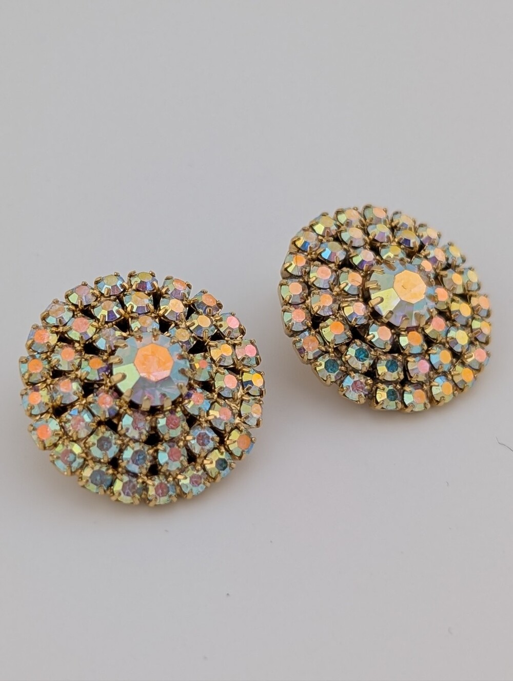 Vintage Aurora Borealis AB Rhinestone Cluster Clip On Statement Earrings
